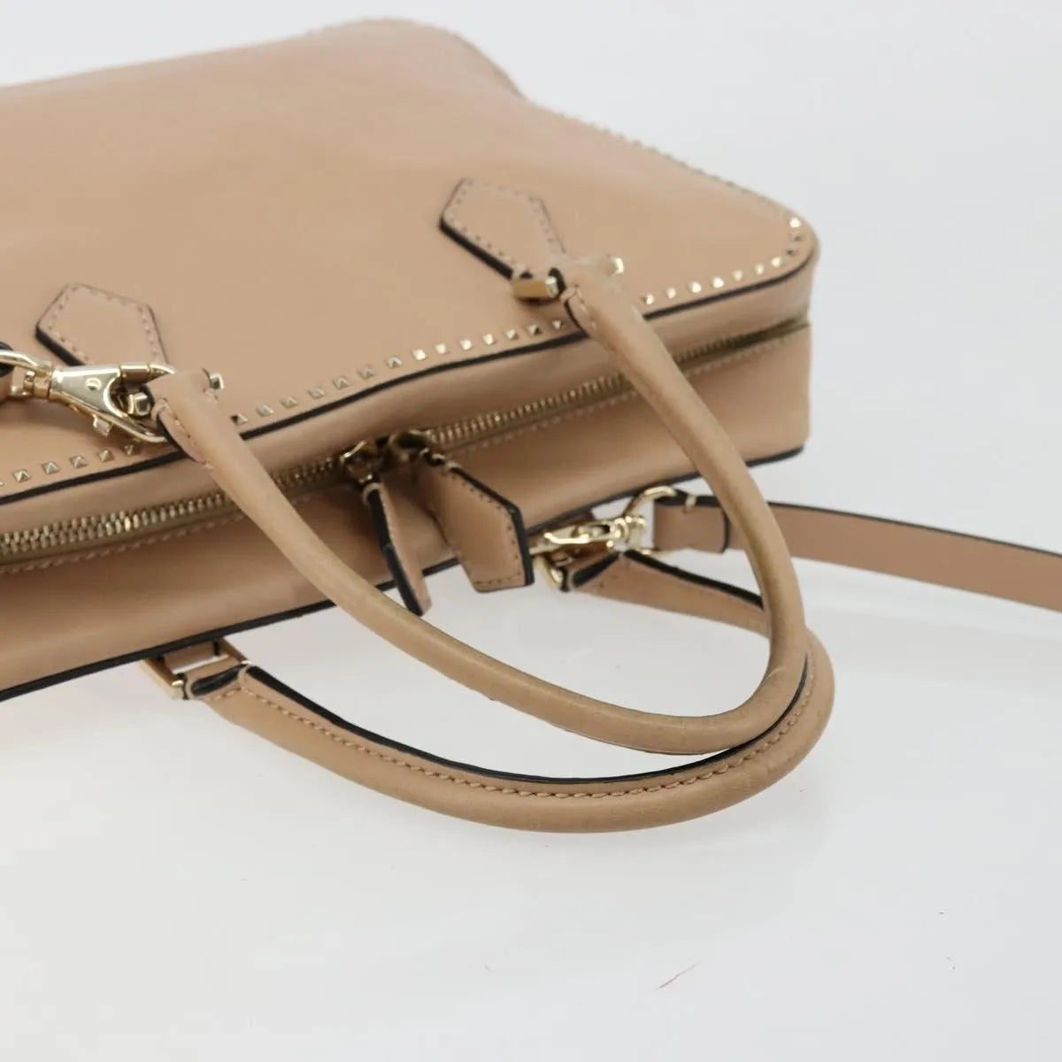 Valentino Garavani Convertible Zip Satchel Leather with Micro Rockstuds, Beige, Leather, Handbag