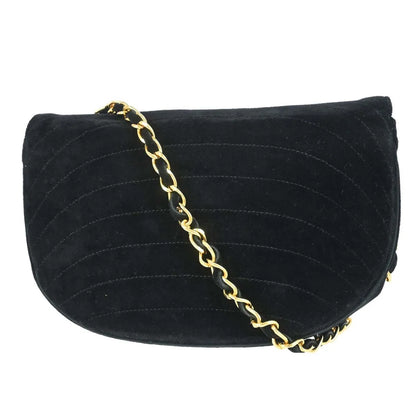 Chanel Vintage Crescent Flap Horizontal Quilted Velvet, Black, Velvet, Shoulder Bag
