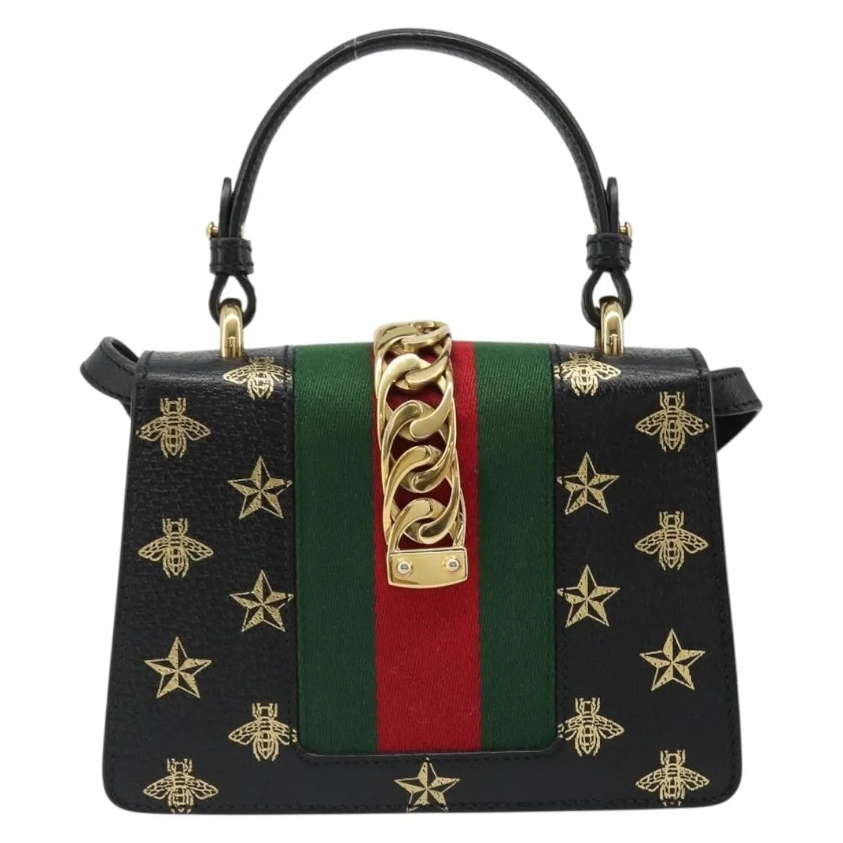 Gucci Sylvie Top Handle Printed Leather, Black, Leather, Handbag