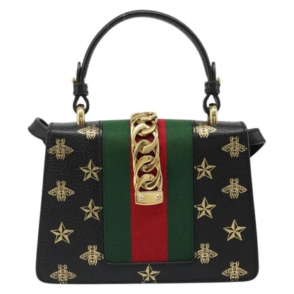 Gucci Sylvie Top Handle Printed Leather, Black, Leather, Handbag