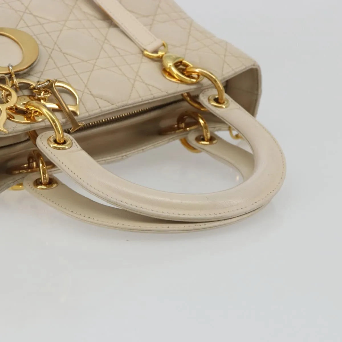 Christian Dior Lady Dior Cannage Quilt Lambskin, Beige, Leather, Handbag