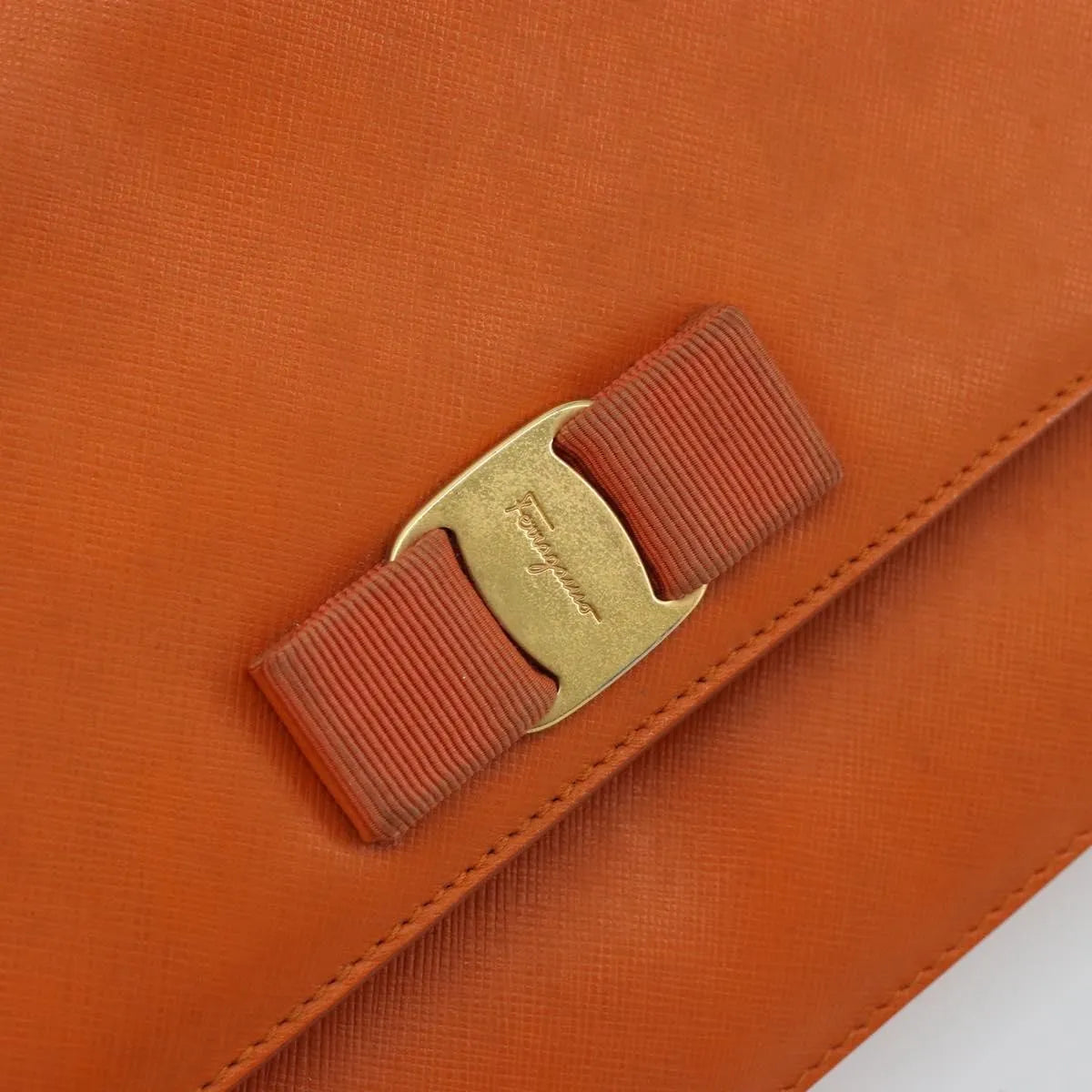 Salvatore Ferragamo Vara Bow Chain Clutch Leather, Orange, Leather, Shoulder Bag