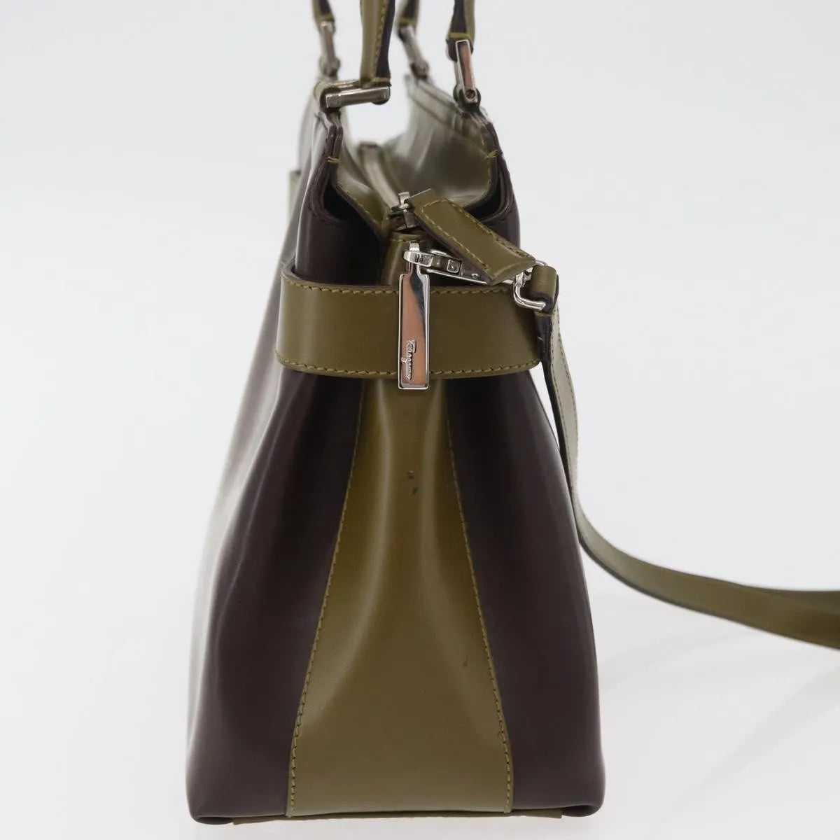 Salvatore Ferragamo Double Gancini Side Buckle Tote Patent Leather, Brown, Patent Leather, Handbag
