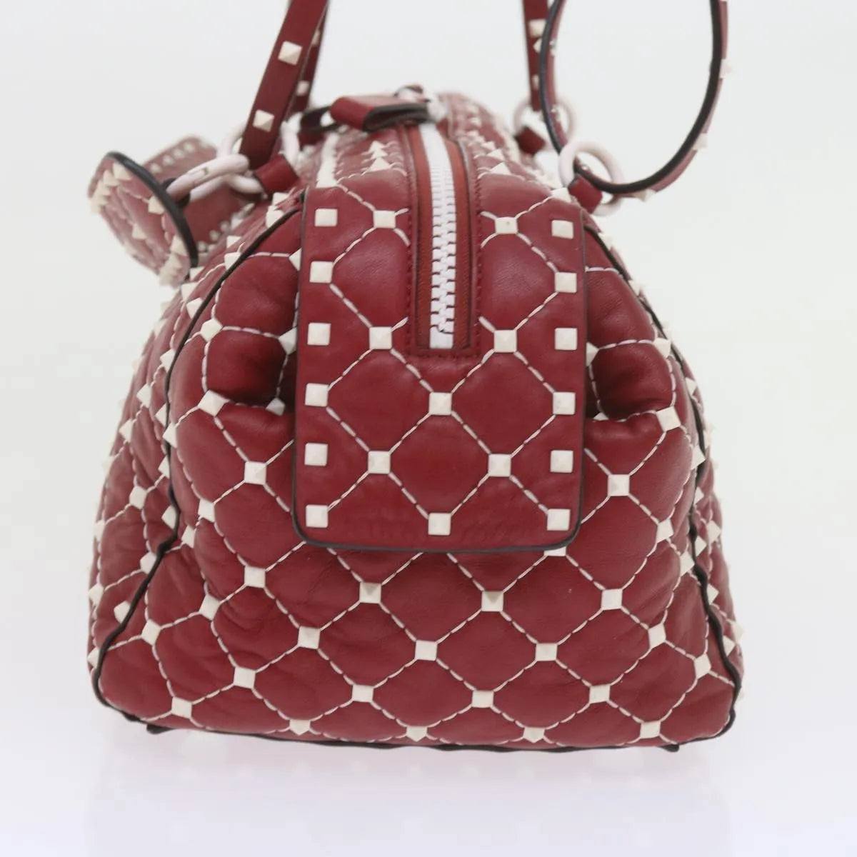 Valentino Garavani Free Rockstud Spike Duffle Quilted Leather, Red, Leather, Shoulder Bag