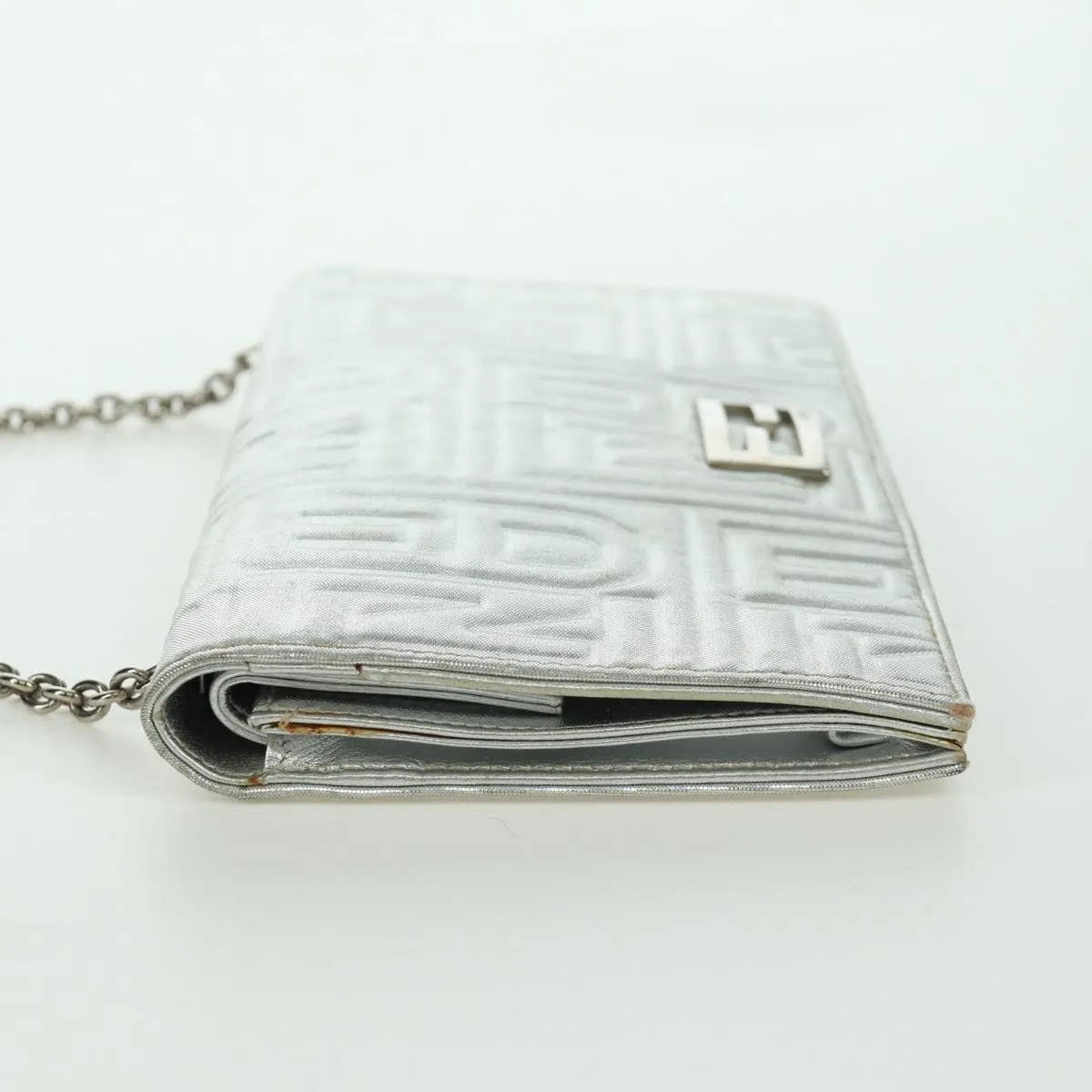 Fendi Wallet on Chain Logo Embossed Leather, Silver, Leather, Wallet
