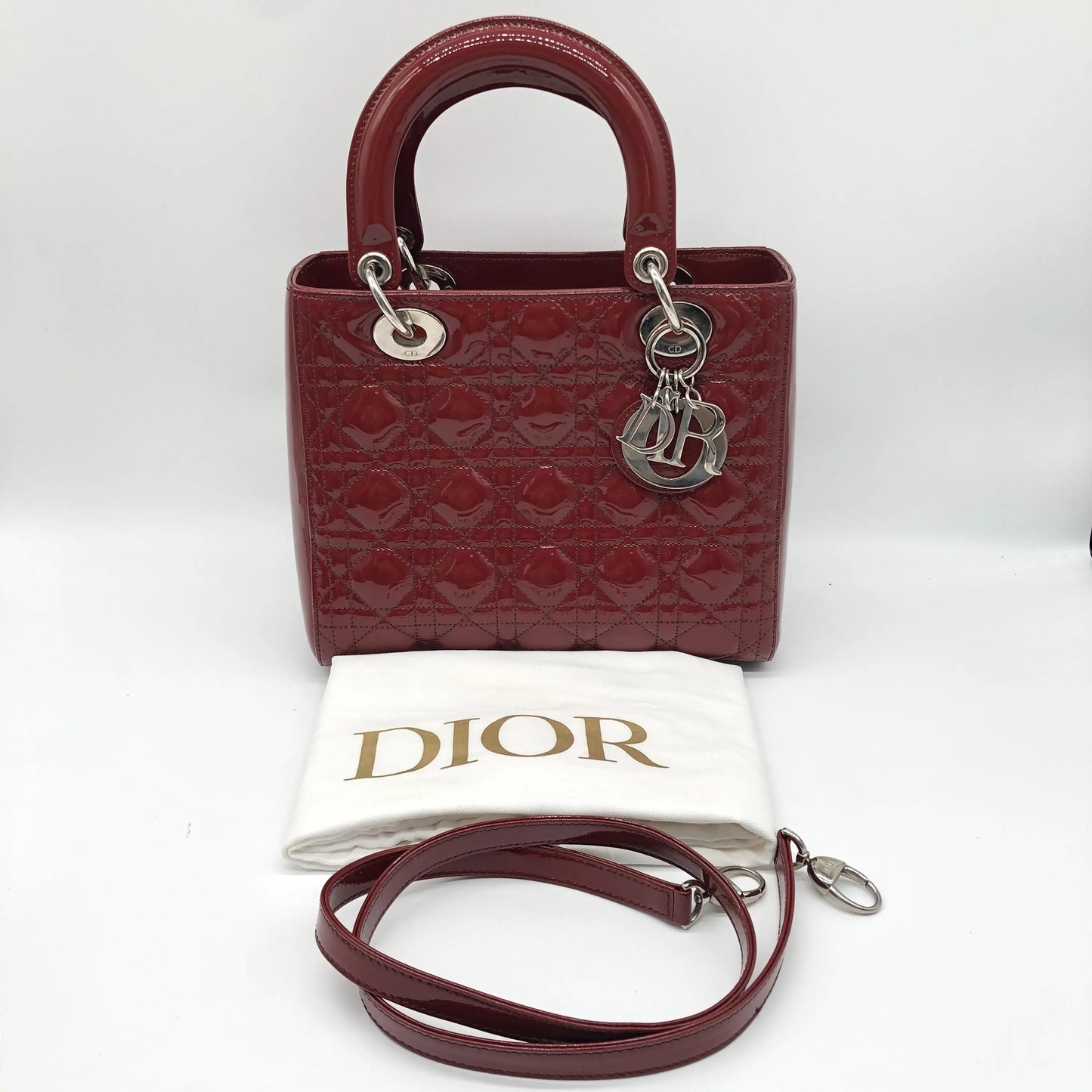 Christian Dior Vintage Lady Dior Cannage Quilt Patent, Burgundy, Patent Leather, Handbag