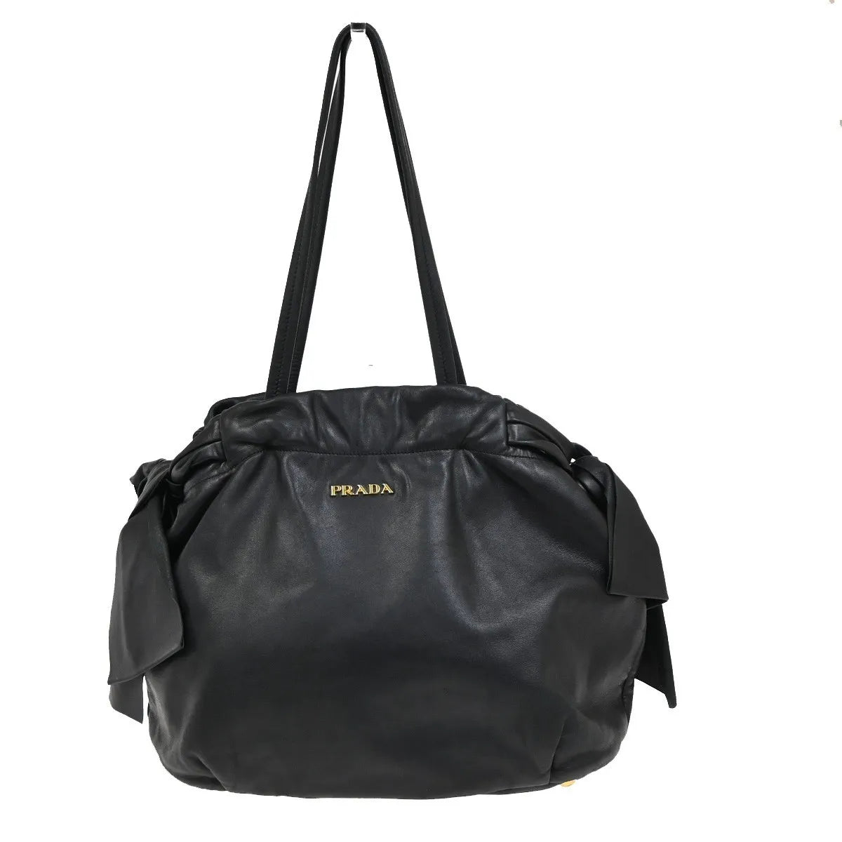 Prada Bow Tie Pleated Tote Leather, Black, Leather, Shoulder Bag