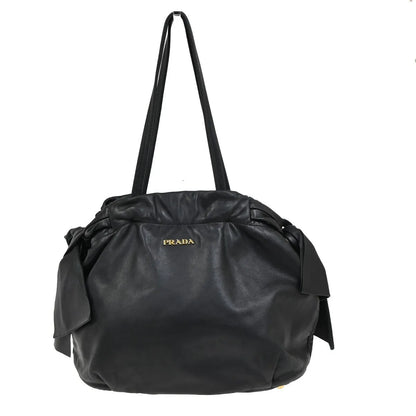 Prada Bow Tie Pleated Tote Leather, Black, Leather, Shoulder Bag