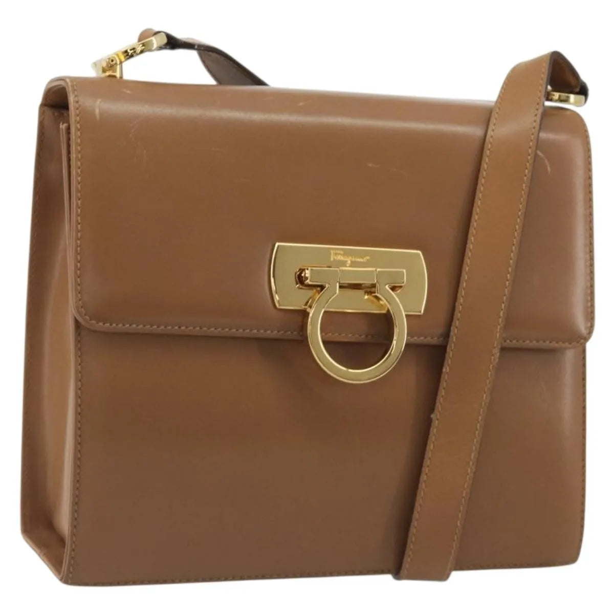 Salvatore Ferragamo Gancini Leather, Brown, Leather, Shoulder Bag