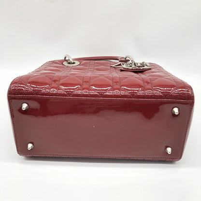 Christian Dior Vintage Lady Dior Cannage Quilt Patent, Burgundy, Patent Leather, Handbag