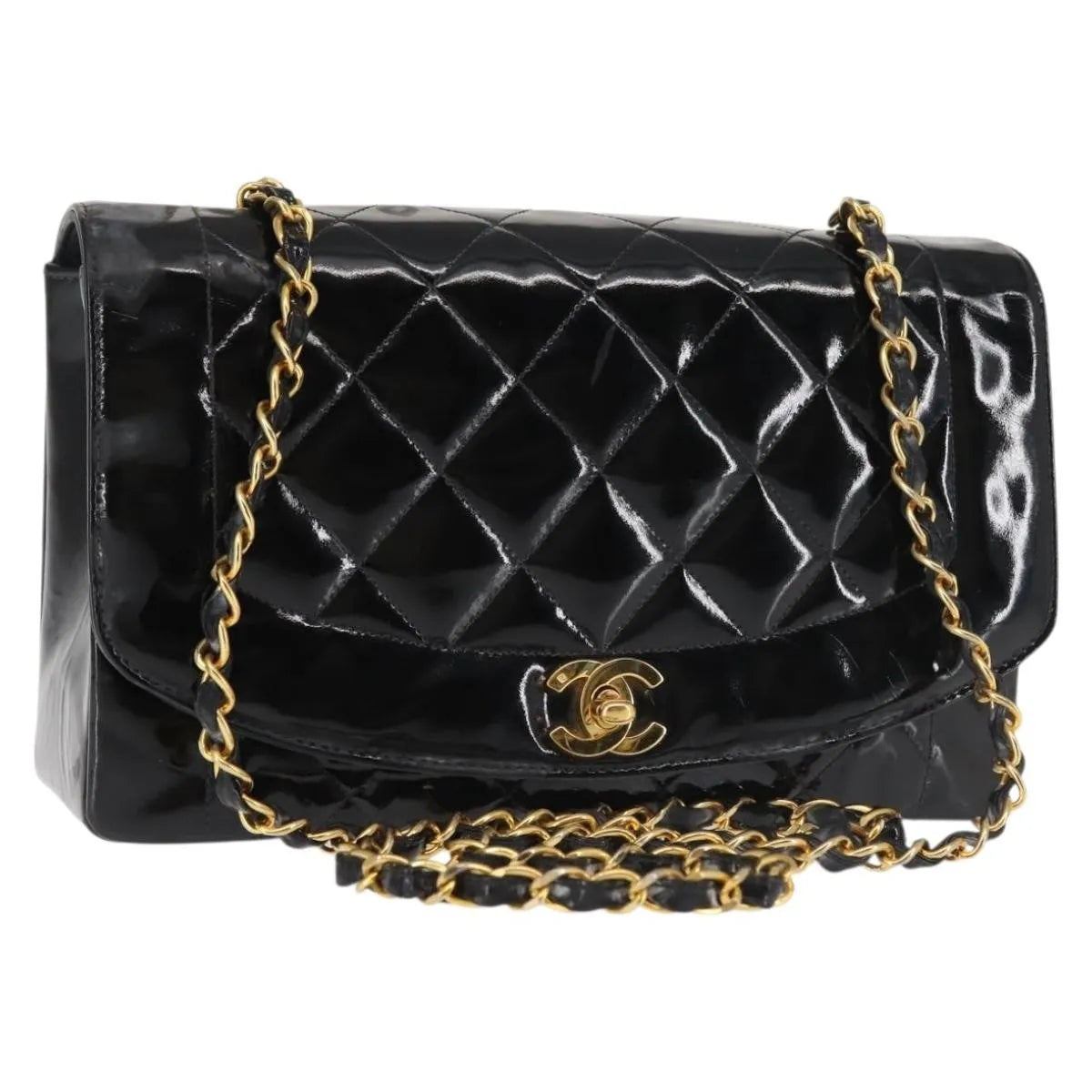 Chanel Vintage Diana Flap Quilted Patent, Black, Patent Leather, Shoulder Bag