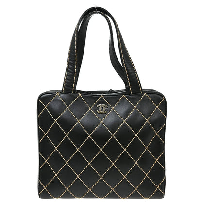 Chanel Surpique Zip Around Satchel Quilted Leather, Black, Leather, Handbag