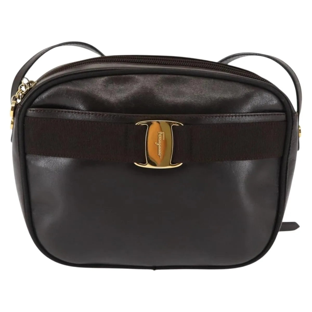 Salvatore Ferragamo Vara Bow camera Leather, Brown, Leather, Shoulder Bag
