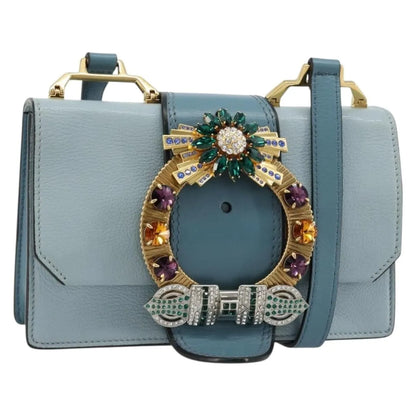 Miu Miu Madras Crystal Buckle Leather, Blue, Leather, Shoulder Bag
