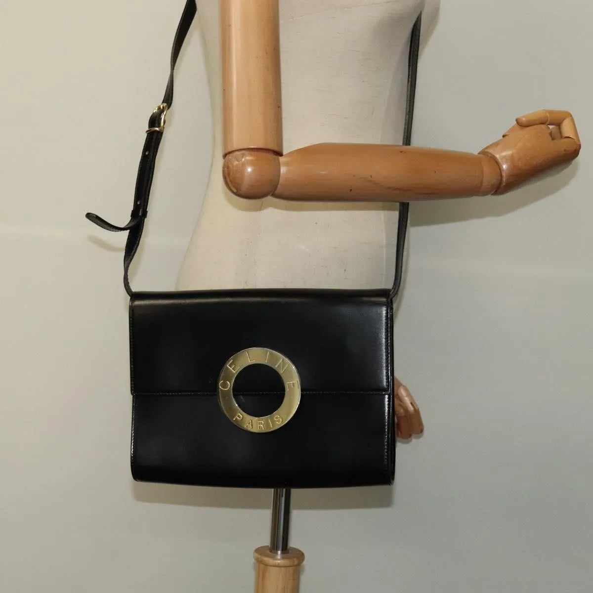 Celine Vintage Circle Logo Leather, Black, Leather, Shoulder Bag