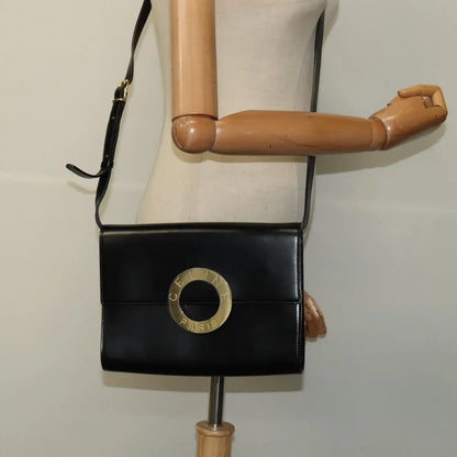 Celine Vintage Circle Logo Leather, Black, Leather, Shoulder Bag
