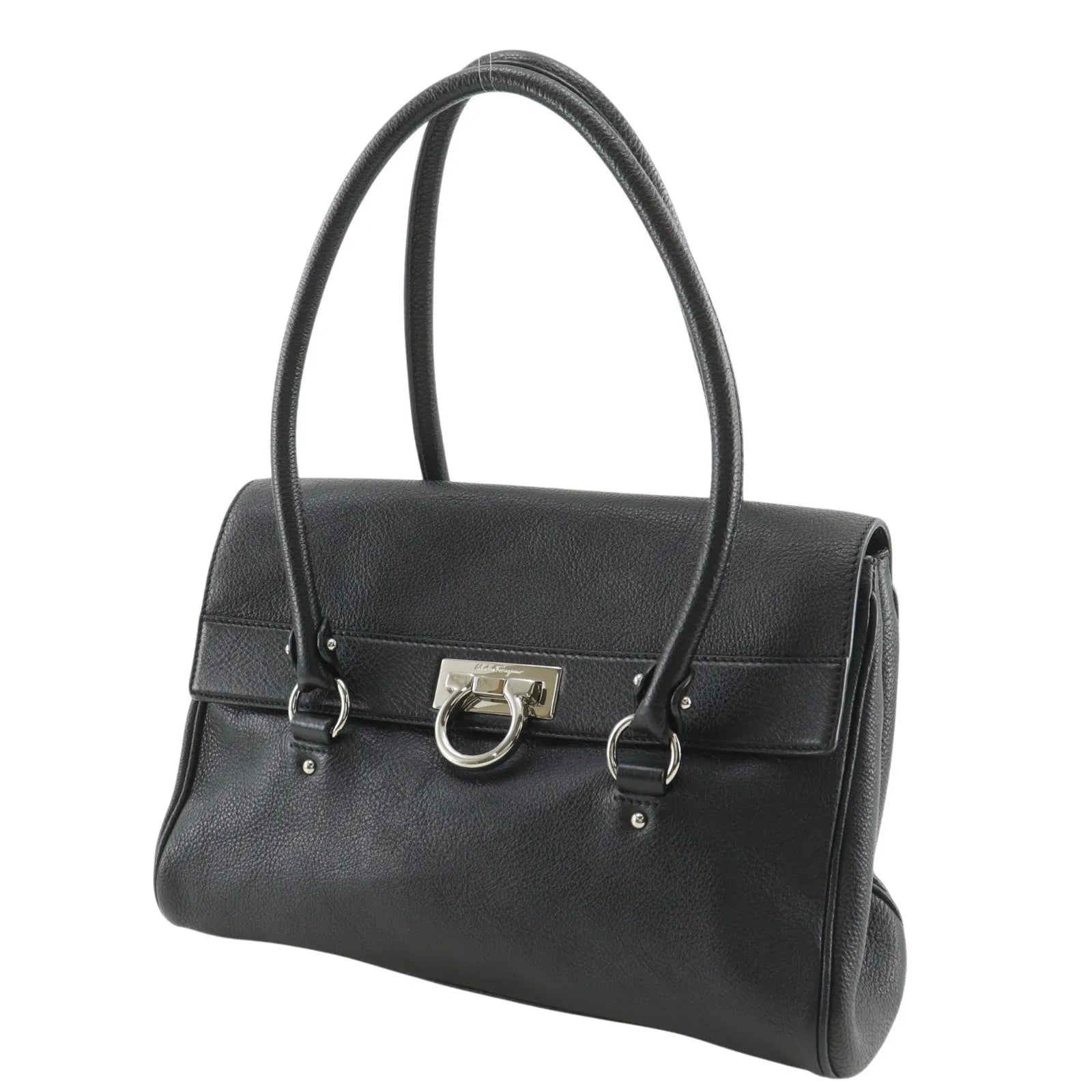 Salvatore Ferragamo Gancini Satchel Leather, Black, Leather, Shoulder Bag