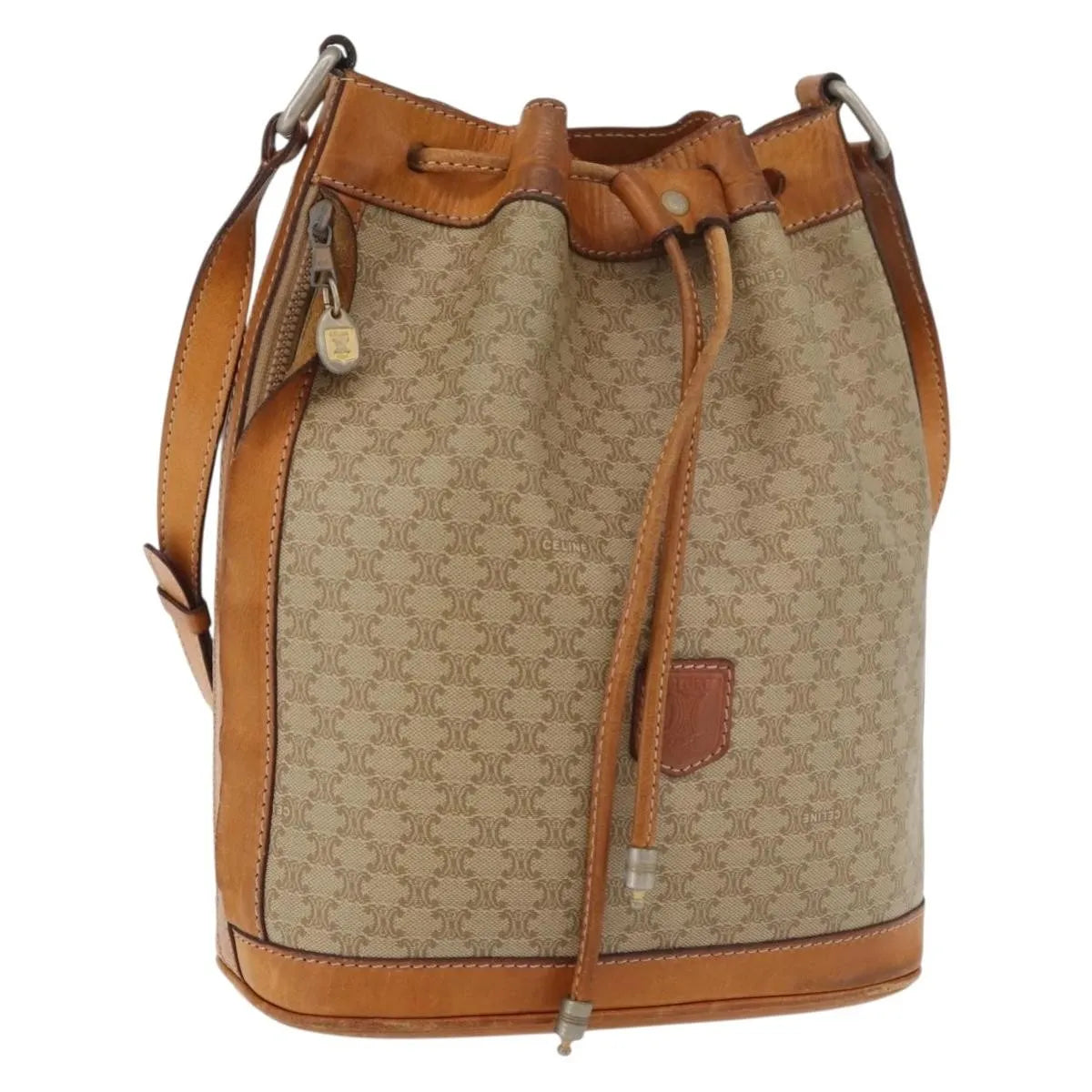 Celine Drawstring Bucket Triomphe Coated Canvas, Beige, Canvas, Handbag