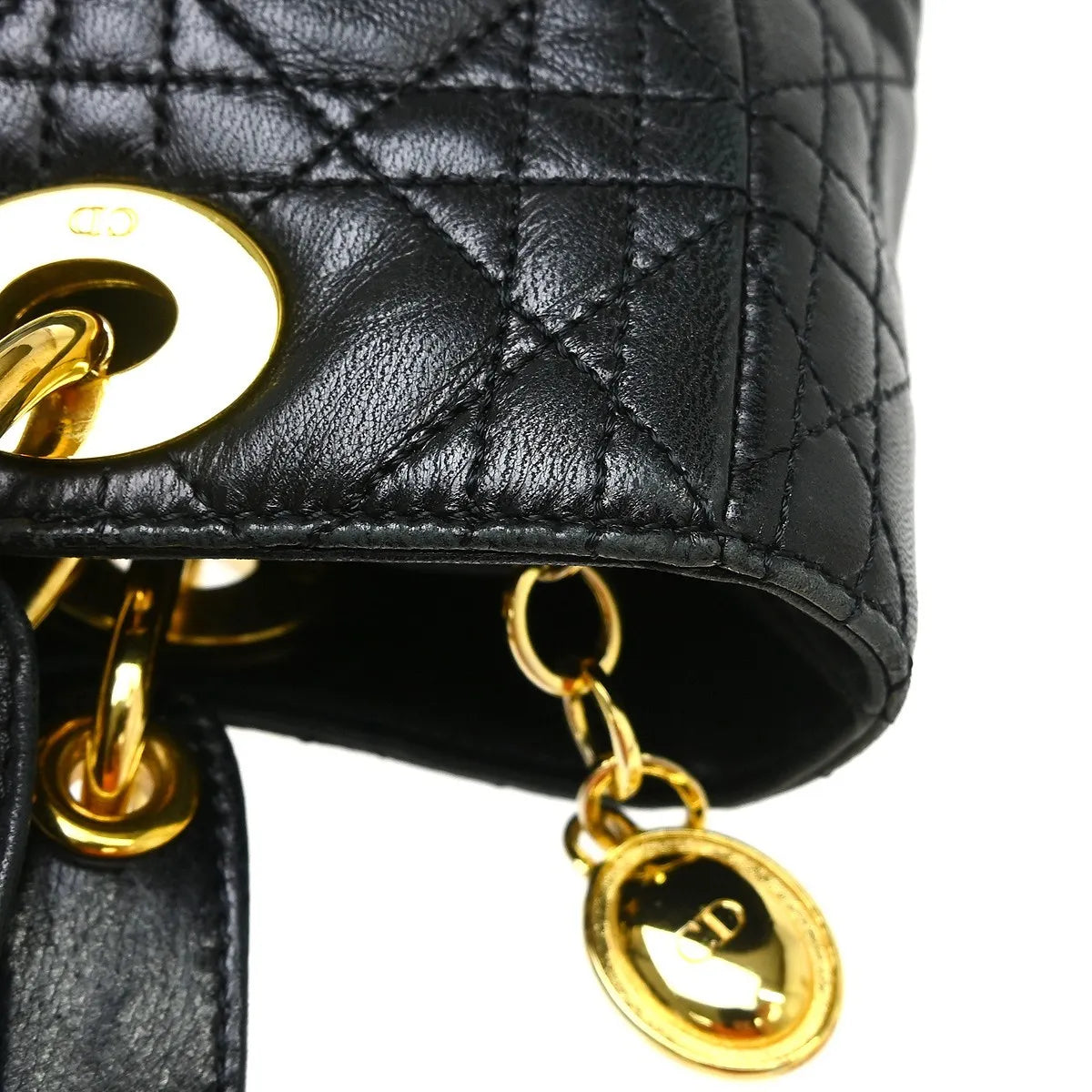 Christian Dior Lady Dior Cannage Quilt Lambskin, Black, Leather, Handbag