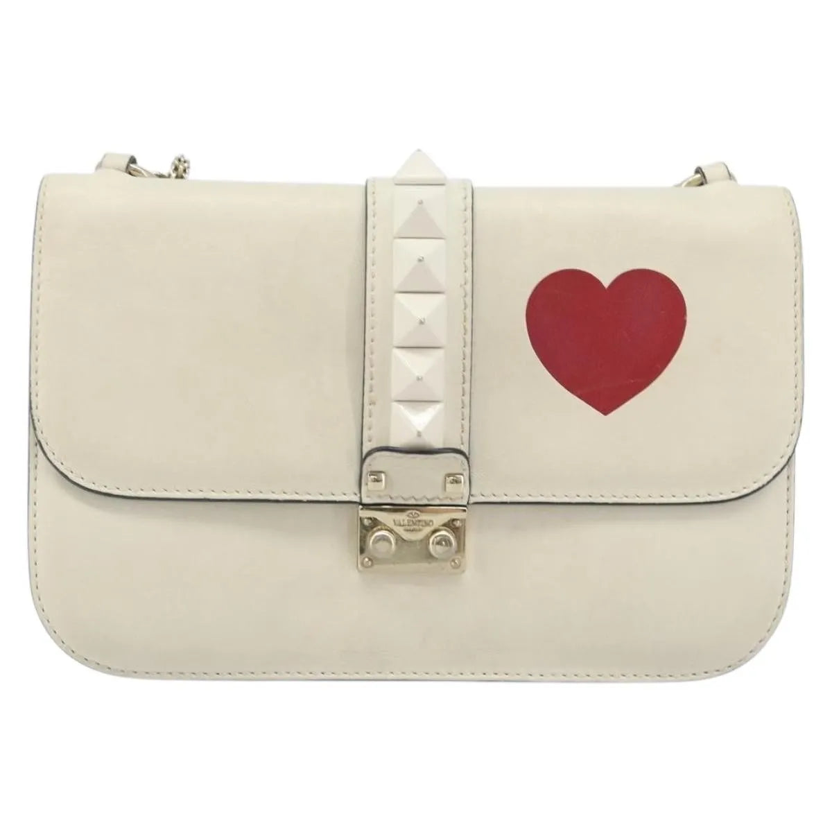 Valentino Garavani Glam Lock Leather, White, Leather, Shoulder Bag