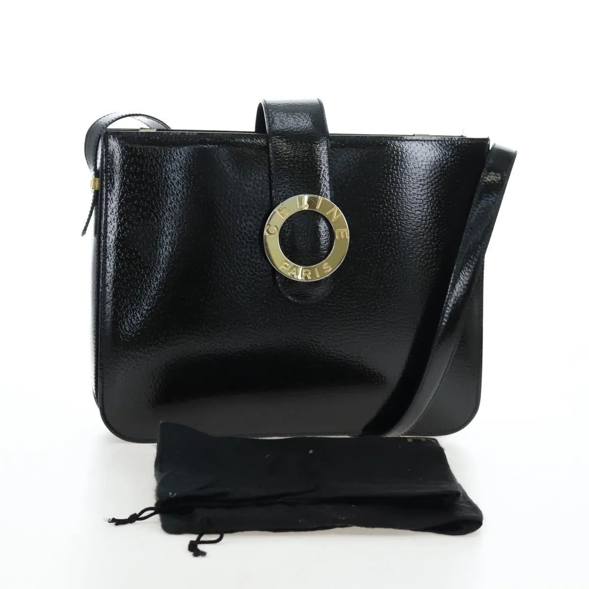 Celine Vintage logo ring shoulder bag Patent Leather, Green, Patent Leather, Shoulder Bag