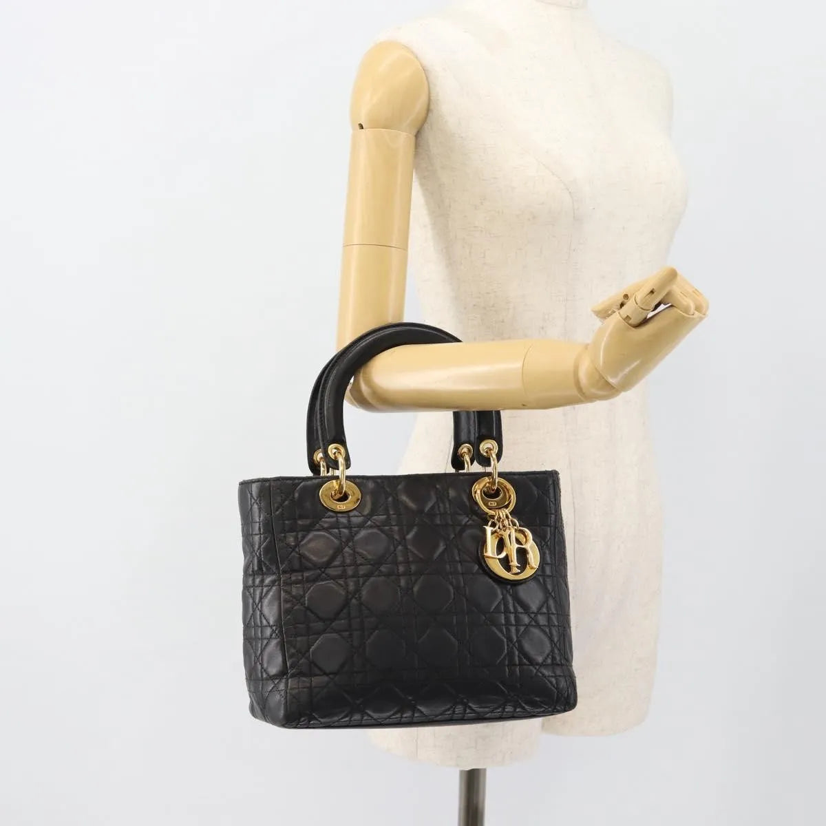 Christian Dior Vintage Lady Dior Cannage Quilt Lambskin, Black, Leather, Handbag