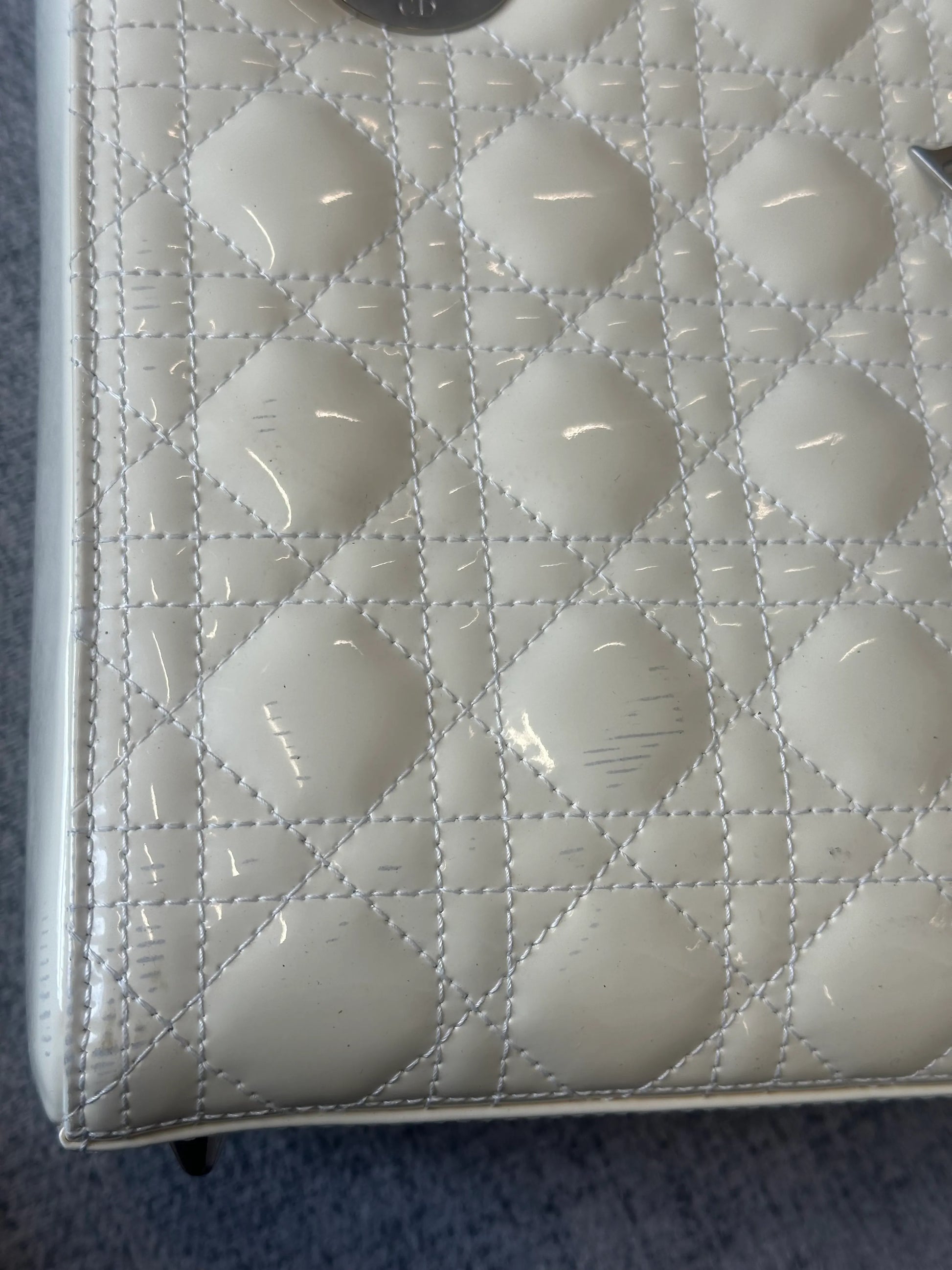 Christian Dior Lady Dior Cannage Quilt Patent, White, Leather, Handbag