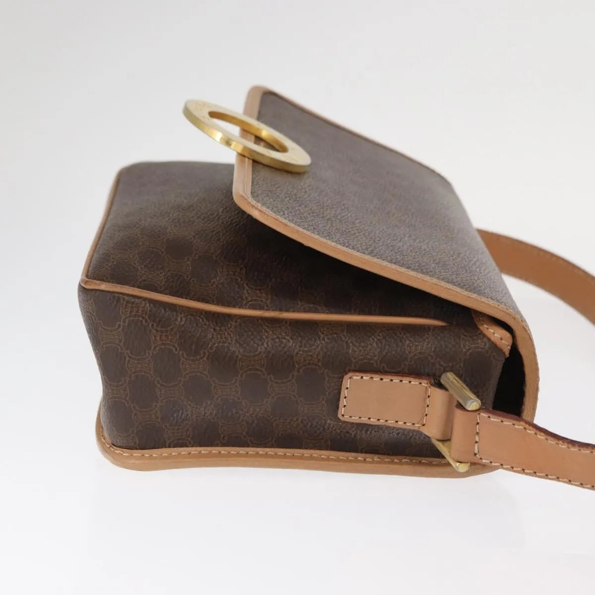 Celine Vintage Macadam Circle Logo Canvas and Leather, Brown, Canvas, Shoulder Bag