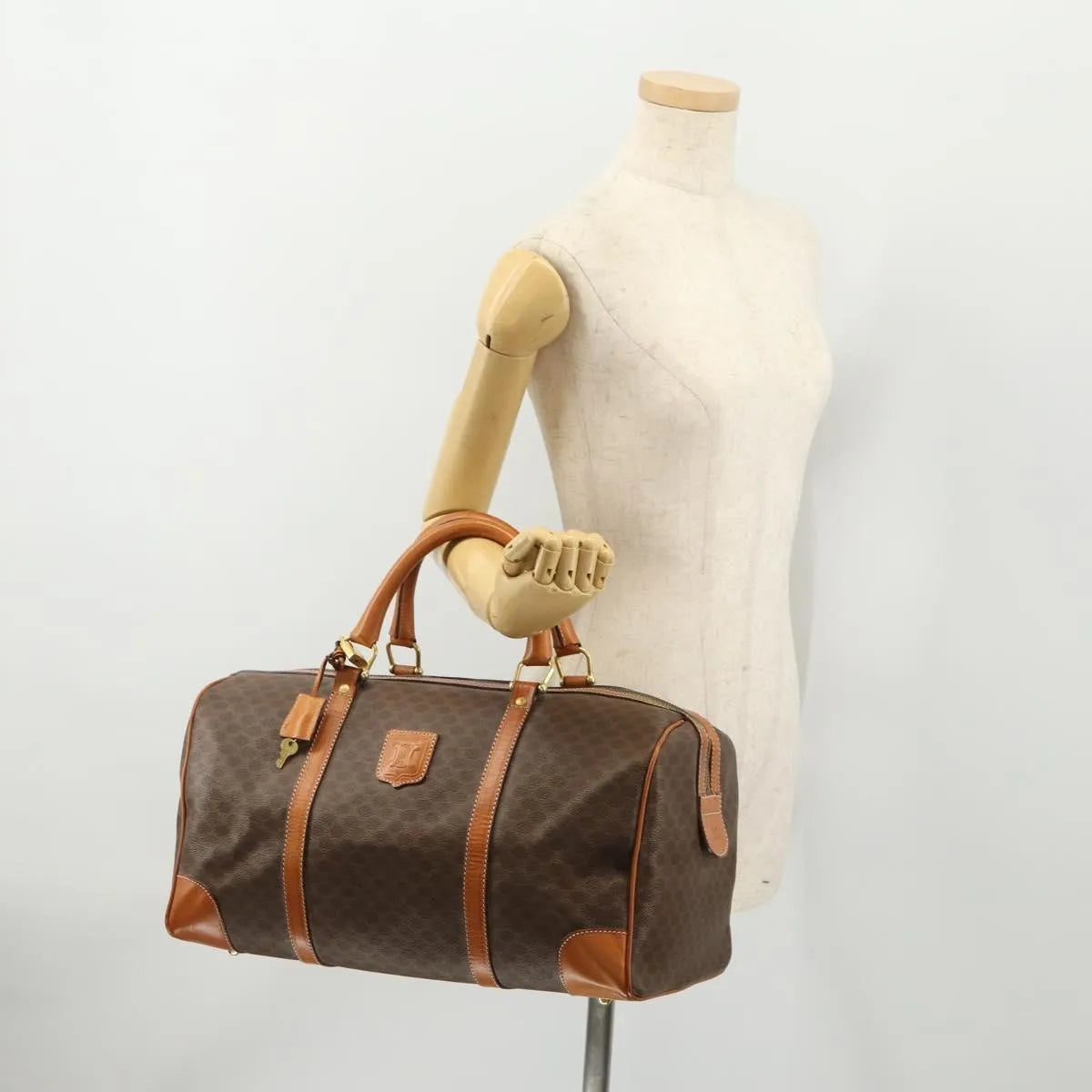 Celine Vintage Duffle Canvas and Leather, Brown, Canvas, Travel Bag