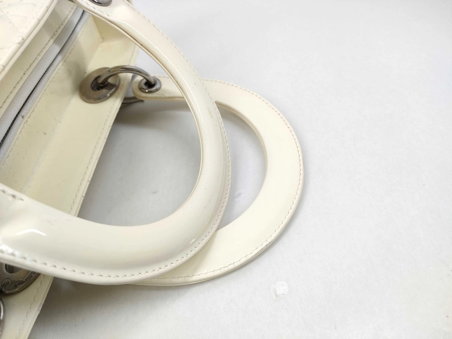 Christian Dior Lady Dior Cannage Quilt Patent, White, Leather, Handbag