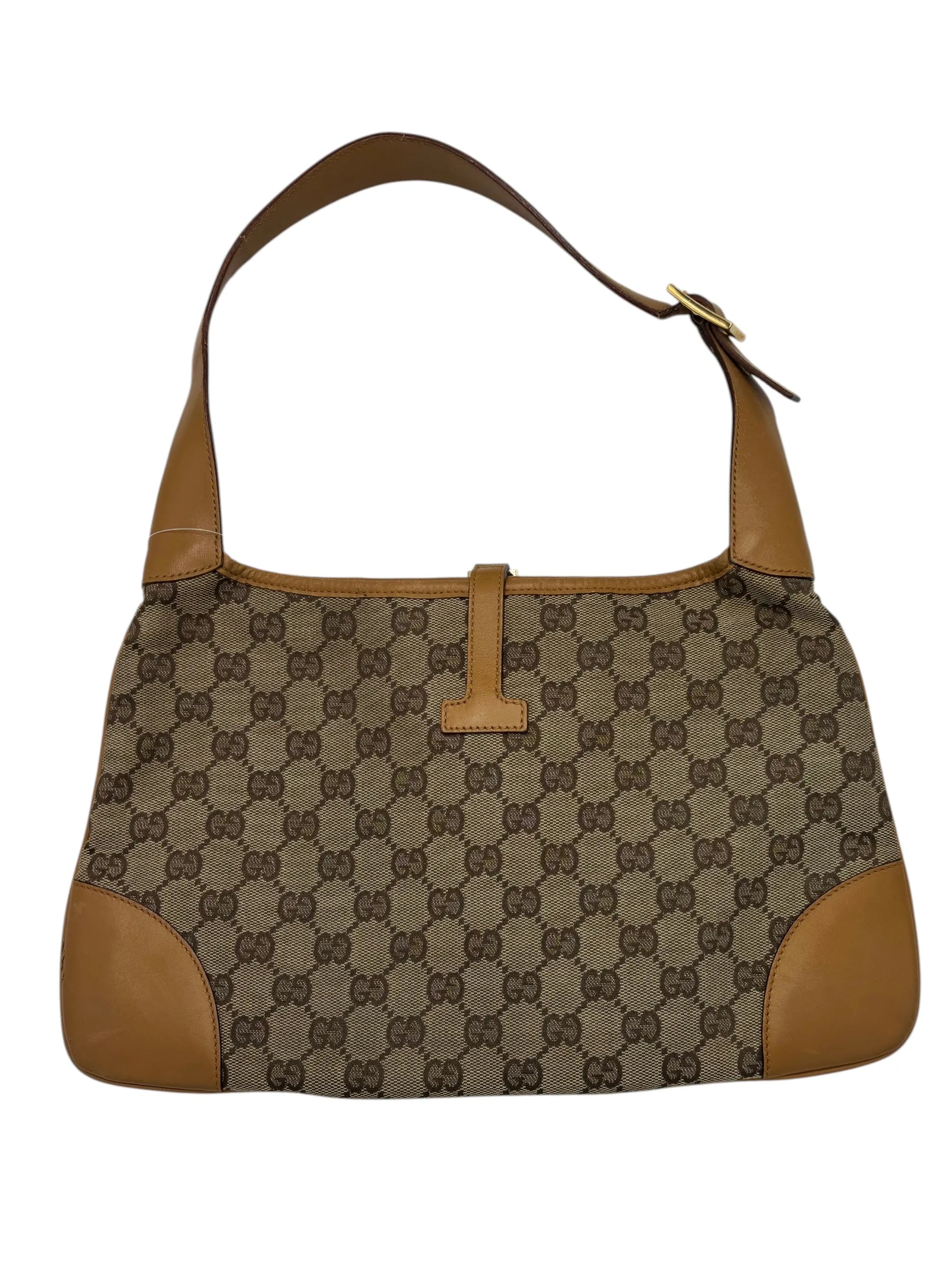 Gucci Vintage Jackie Shoulder Canvas and Leather, Beige, Canvas, Handbag
