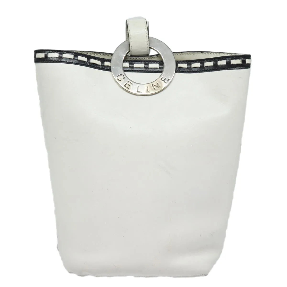 Celine Vintage Circle Logo Leather, White, Leather, Shoulder Bag
