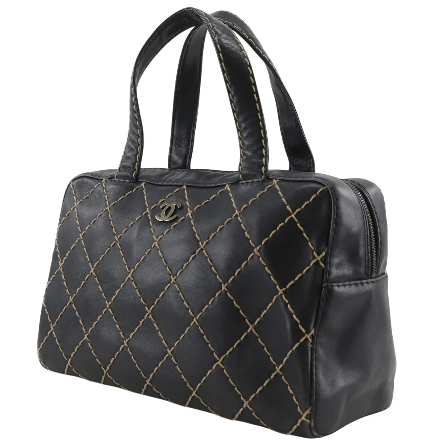 Chanel Surpique Boston Quilted Leather, Black, Leather, Handbag