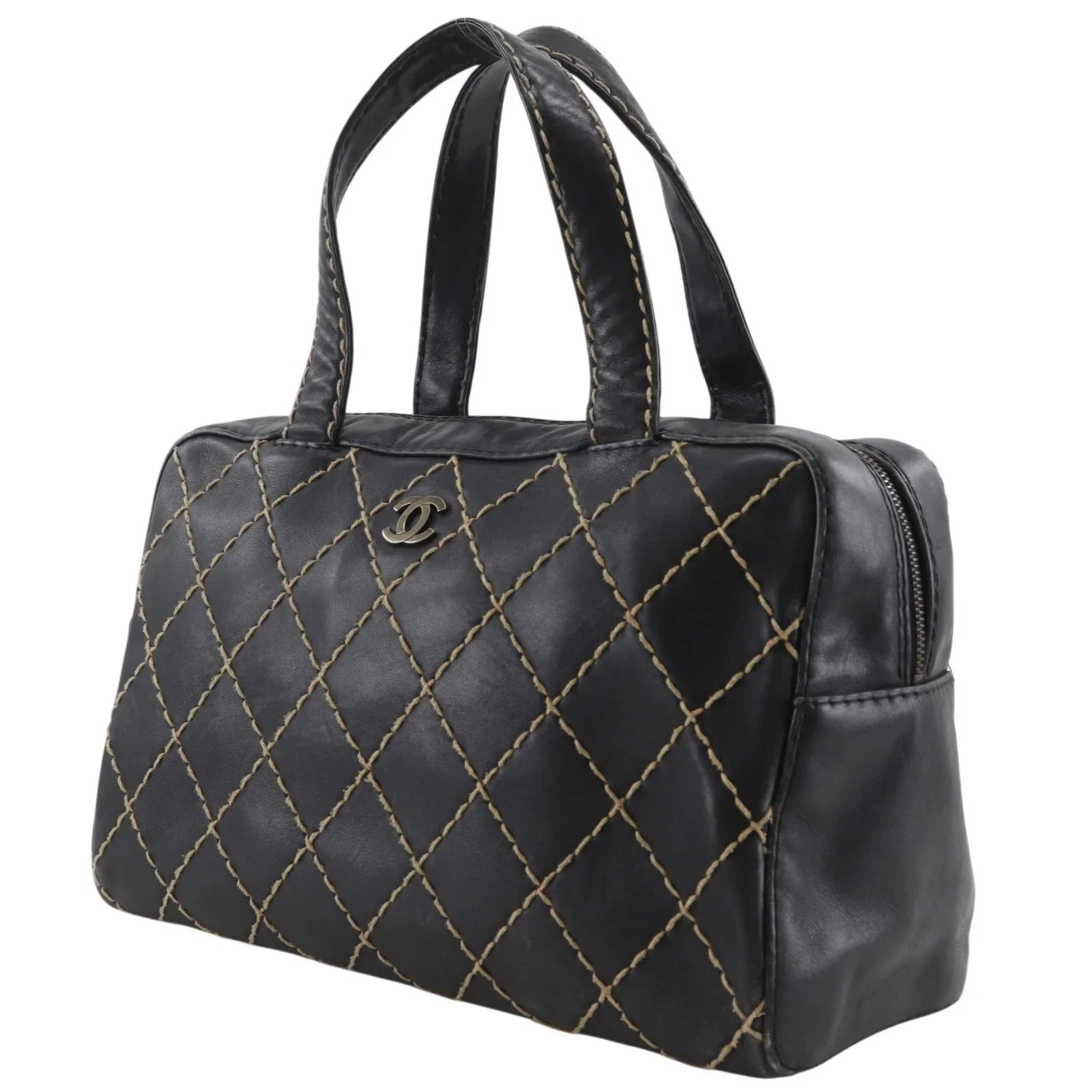Chanel Surpique Boston Quilted Leather, Black, Leather, Handbag