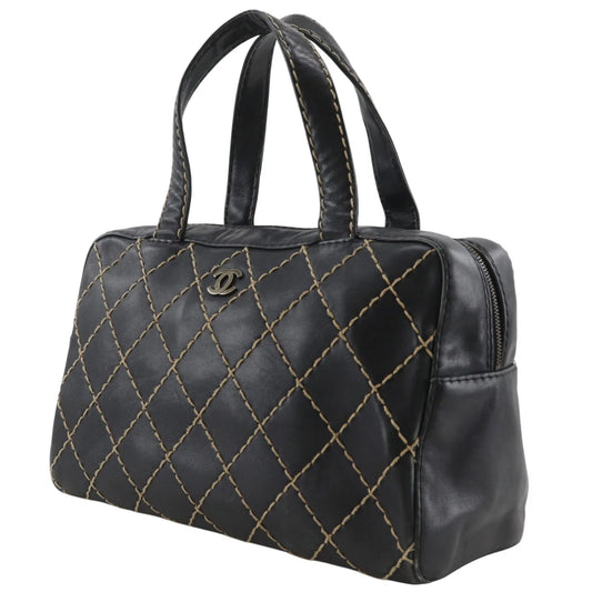 Chanel Surpique Boston Quilted Leather, Black, Leather, Handbag