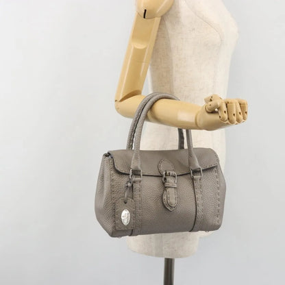Fendi Selleria Linda Satchel Pebbled Leather, Gray, Leather, Handbag