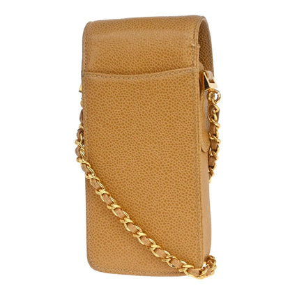 Chanel Vintage CC Phone Holder Caviar, Beige, Leather, Clutch
