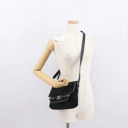 Salvatore Ferragamo Gancini Suede, Black, Suede, Shoulder Bag