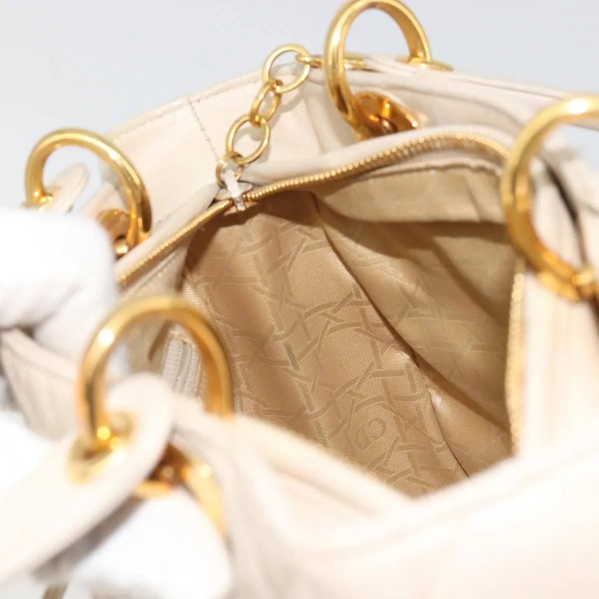 Christian Dior Lady Dior Cannage Quilt Lambskin, Beige, Leather, Handbag