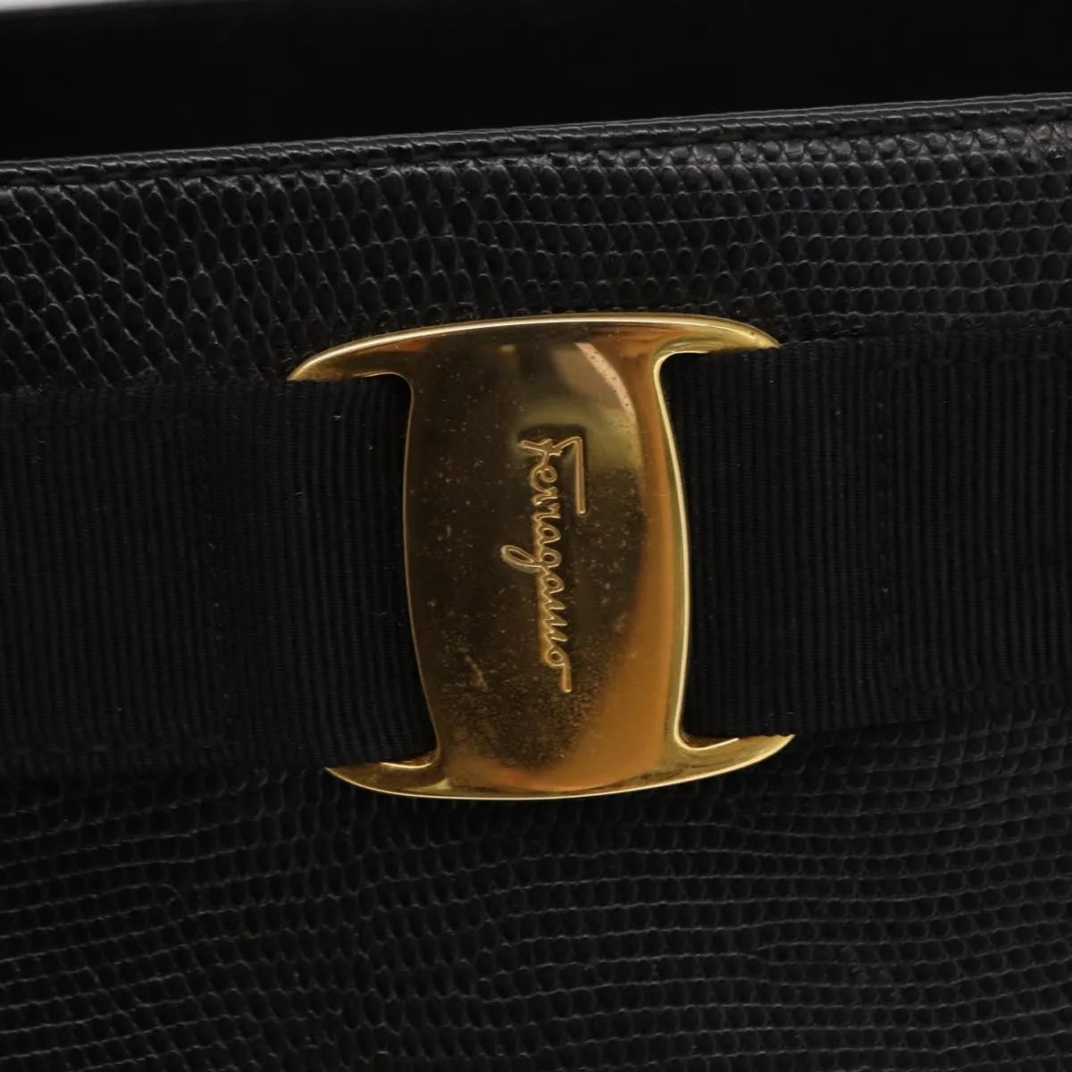 Salvatore Ferragamo Vintage Vara Bow Tote Lizard Embossed Leather, Black, Leather, Tote Bag