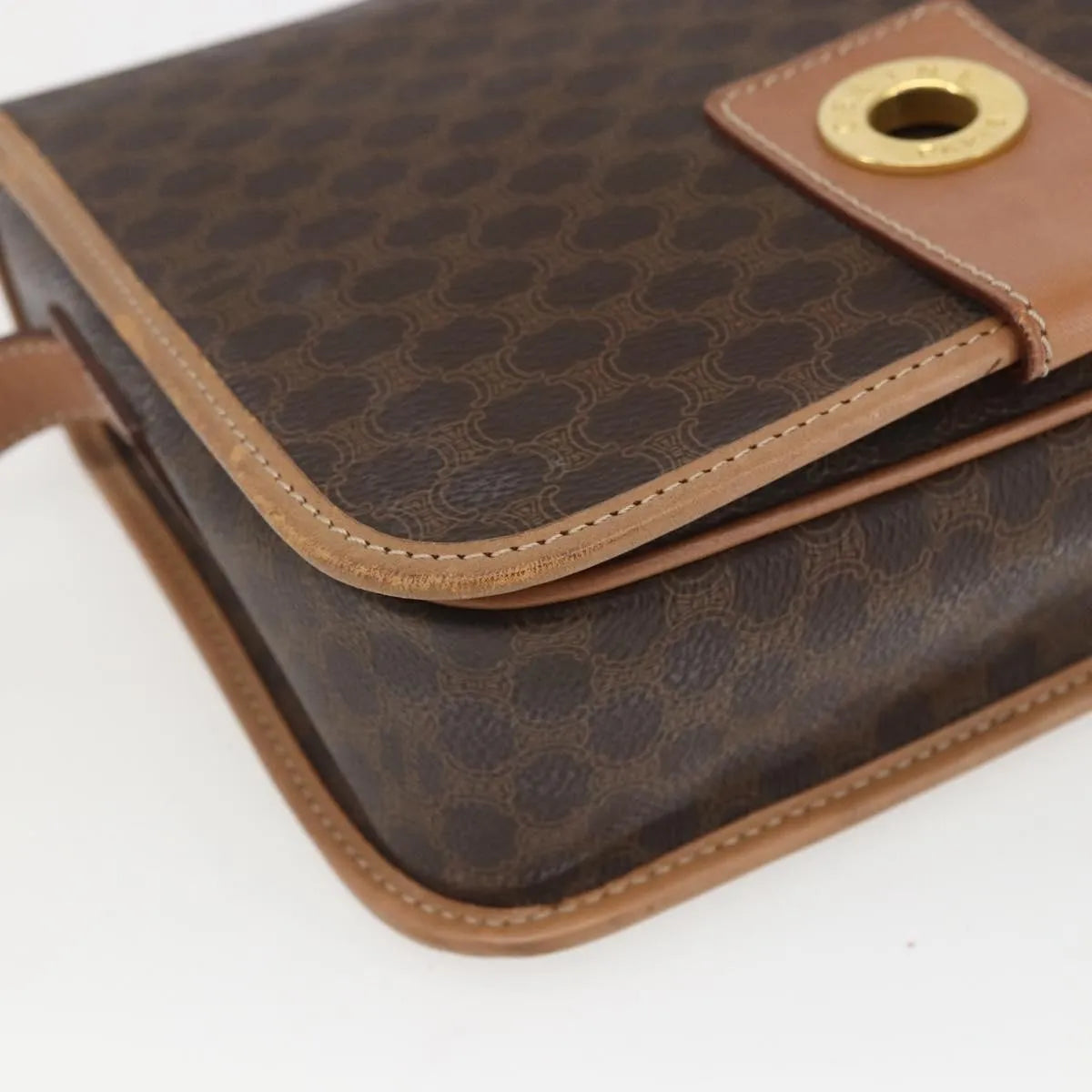 Celine Vintage Macadam Circle Logo Canvas and Leather, Brown, Canvas, Shoulder Bag