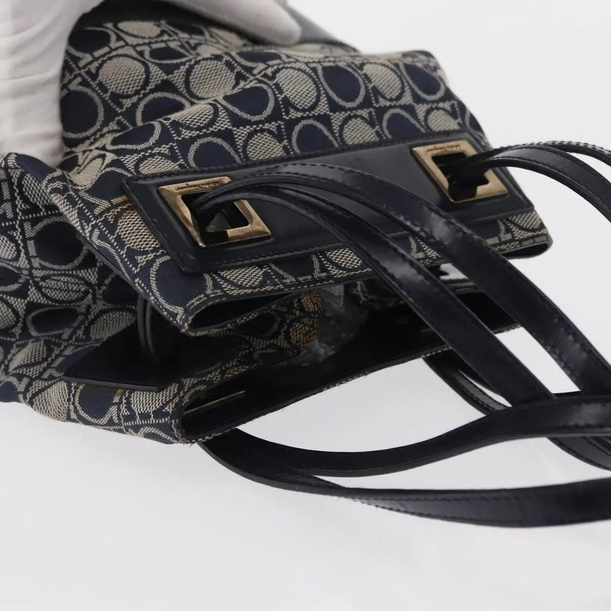 Salvatore Ferragamo Gancini Canvas and leather, Navy, Canvas, Shoulder Bag