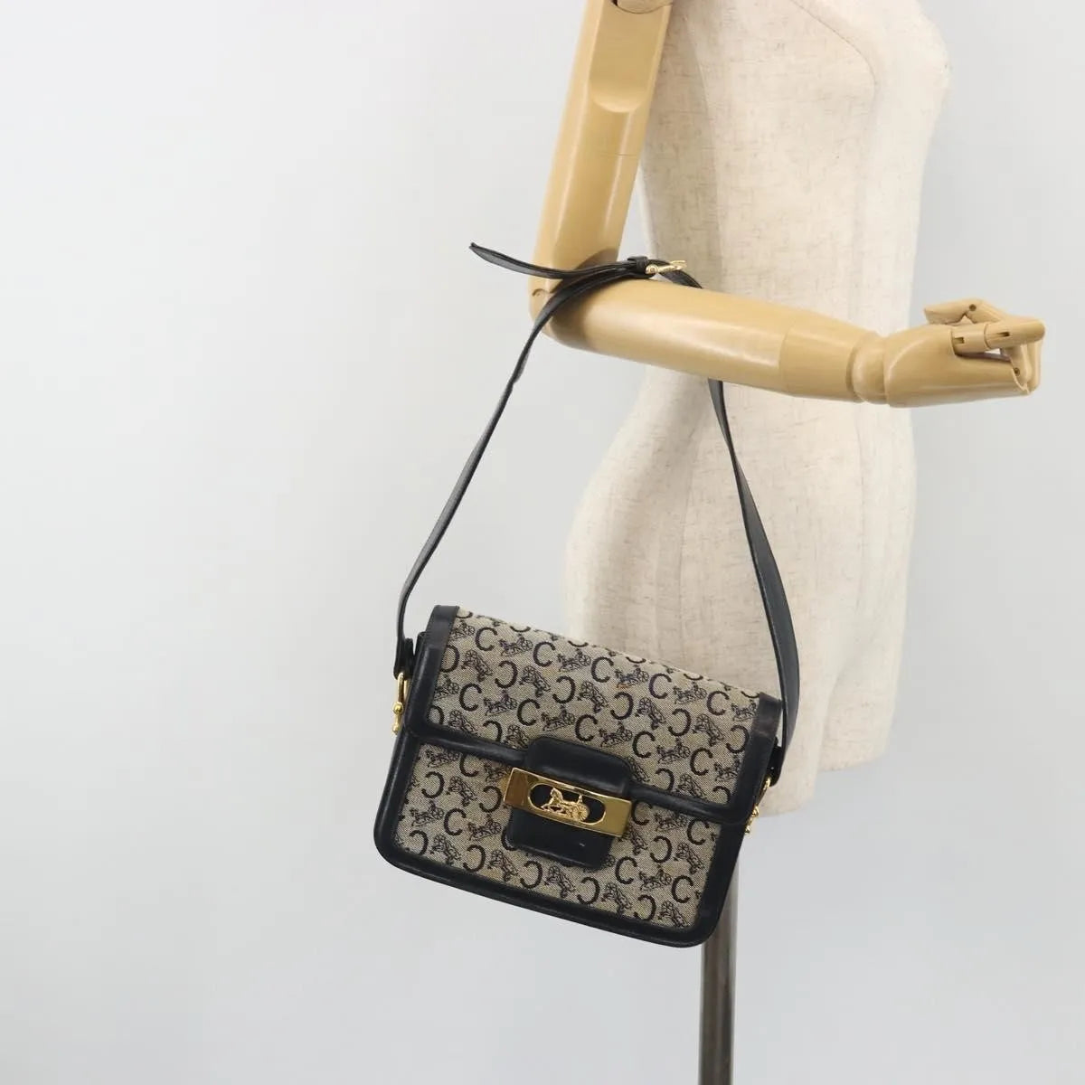 Celine Vintage Horse Carriage C Macadam Canvas and Leather, Navy, Canvas, Shoulder Bag