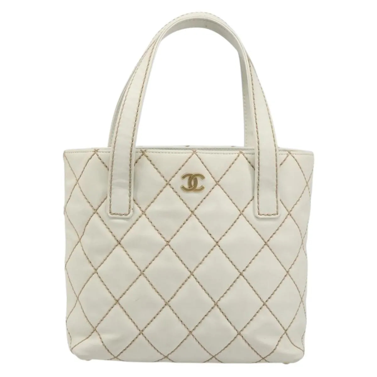 Chanel Surpique Tote Quilted Leather, White, Leather, Tote Bag