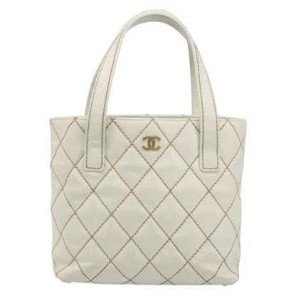 Chanel Surpique Tote Quilted Leather, White, Leather, Tote Bag