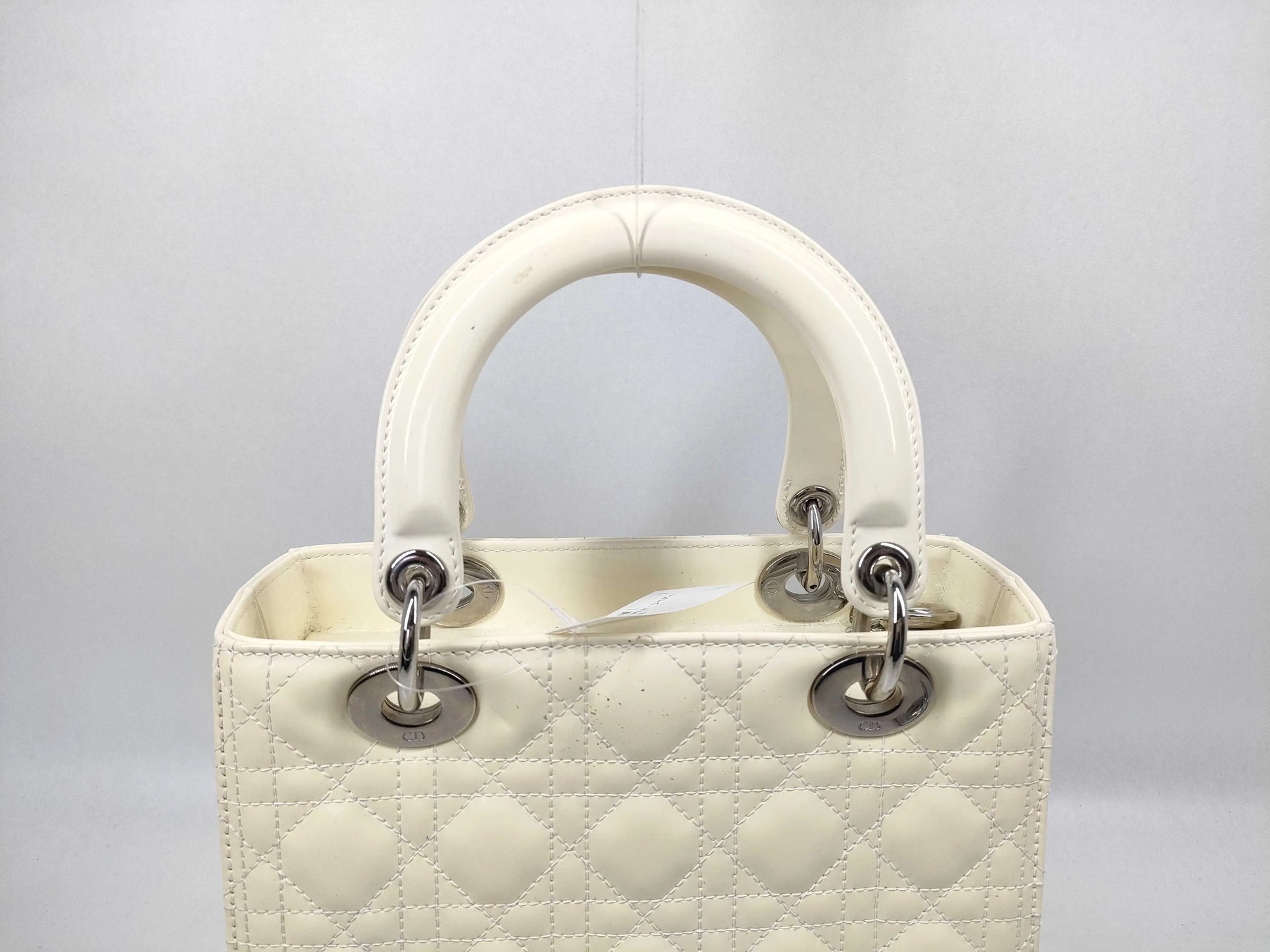 Christian Dior Lady Dior Cannage Quilt Patent, White, Leather, Handbag