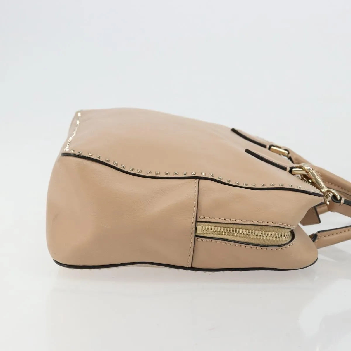 Valentino Garavani Convertible Zip Satchel Leather with Micro Rockstuds, Beige, Leather, Handbag
