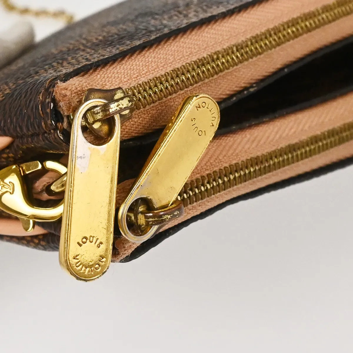 Louis Vuitton Double Zip Pochette Damier Ebene, Brown, Canvas, Clutch