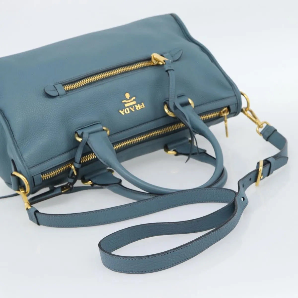 Prada Front Zip Convertible Satchel Vitello Phenix, Blue, Leather, Handbag