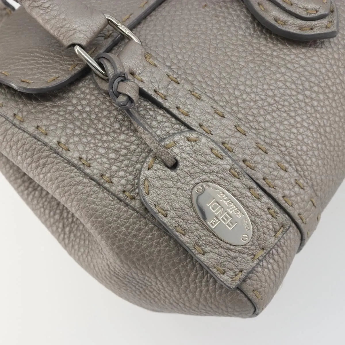 Fendi Selleria Linda Satchel Pebbled Leather, Gray, Leather, Handbag